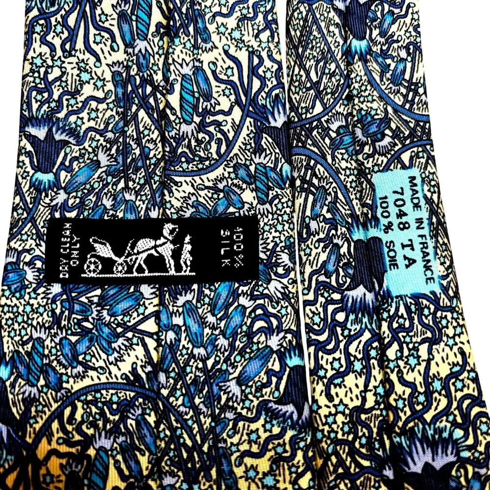 Classic Hermes Paris silk neck tie 7048-TA yellow blue Fireworks Feux d'Artifice